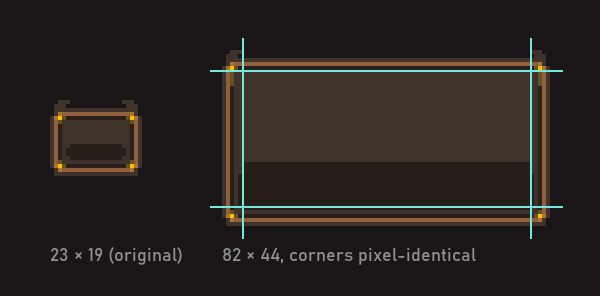 The 23×19 frame and the same frame stretched to 82×44, at 400%: the corners are pixel-identical.