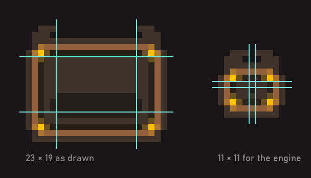The 23×19 frame as drawn and the same frame collapsed to 11×11 for the engine, 5 px borders marked.