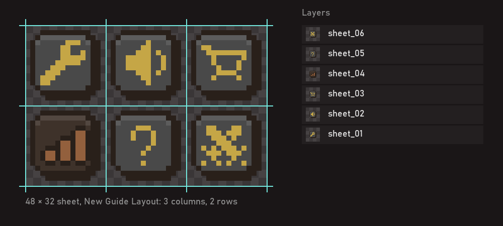 A 48×32 sheet of six 16 px UI icons with a guide on every cell edge (New Guide Layout, 3 columns, 2 rows), and the six layers sheet_01 to sheet_06 that Load Files into Stack makes from the exported slices.
