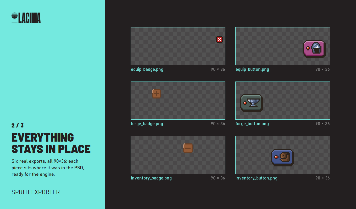 Six real exports from SpriteExporter with Keep canvas size, all 90×36: each piece sits where it was in the PSD.
