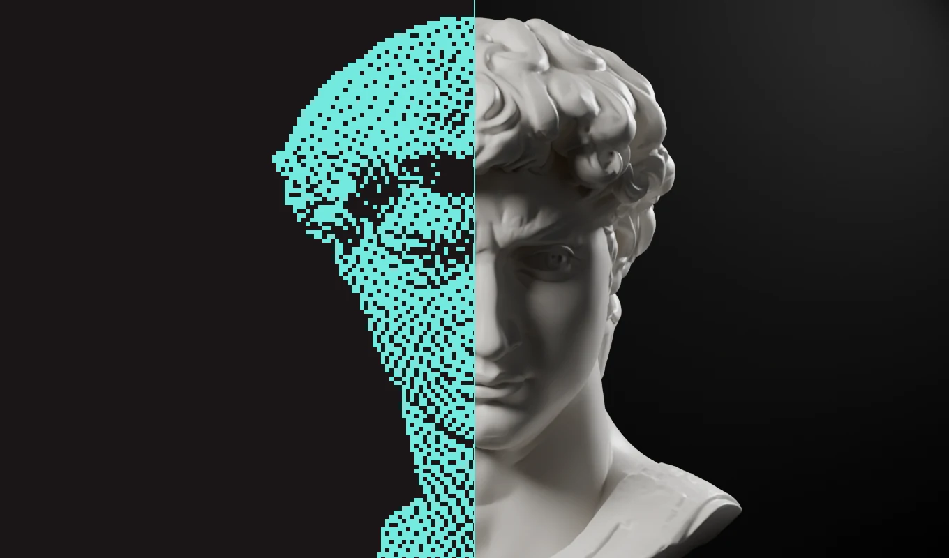 Real render from After Effects 2026: a turning marble head, half passed through DitherFactory (four algorithms switching as it turns, two colours).