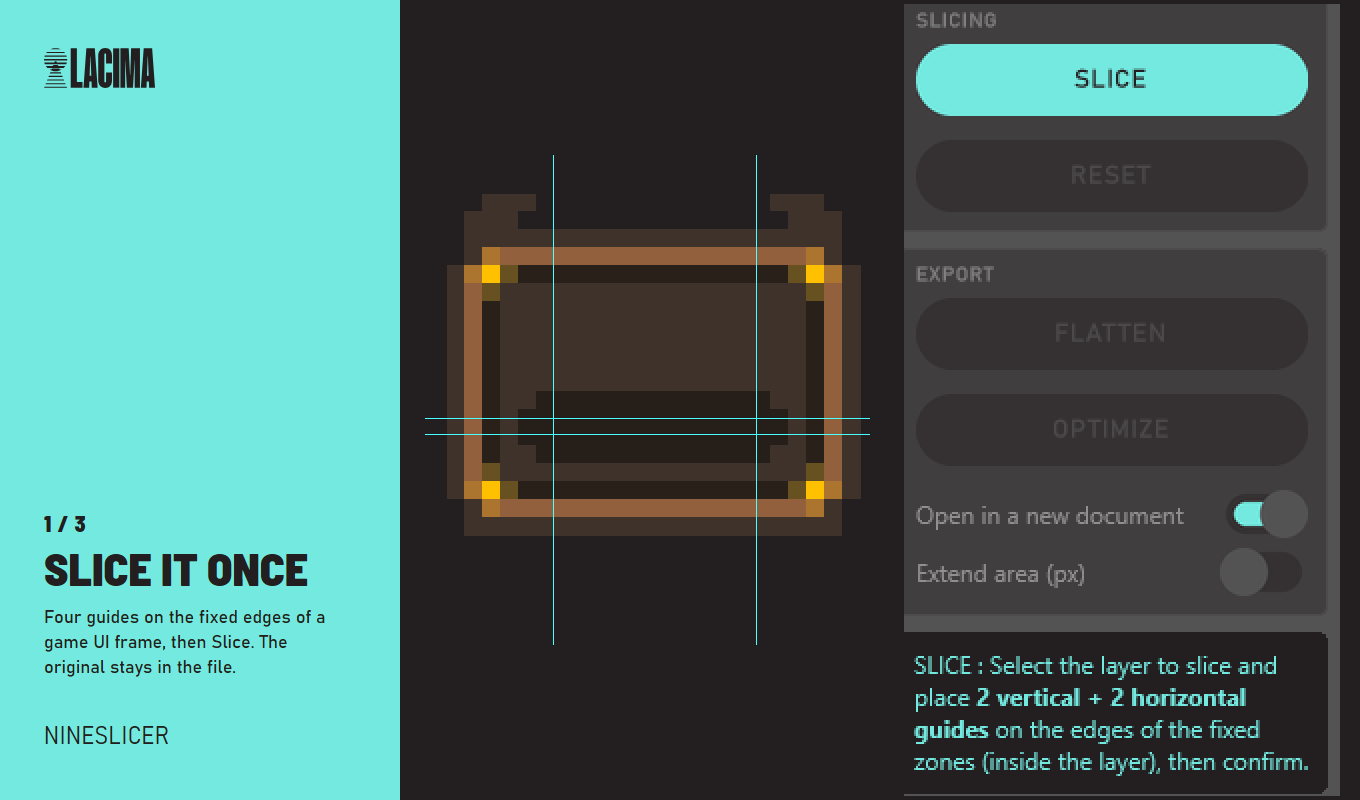 Slice it once: four guides on the fixed edges of a game UI frame, then Slice.