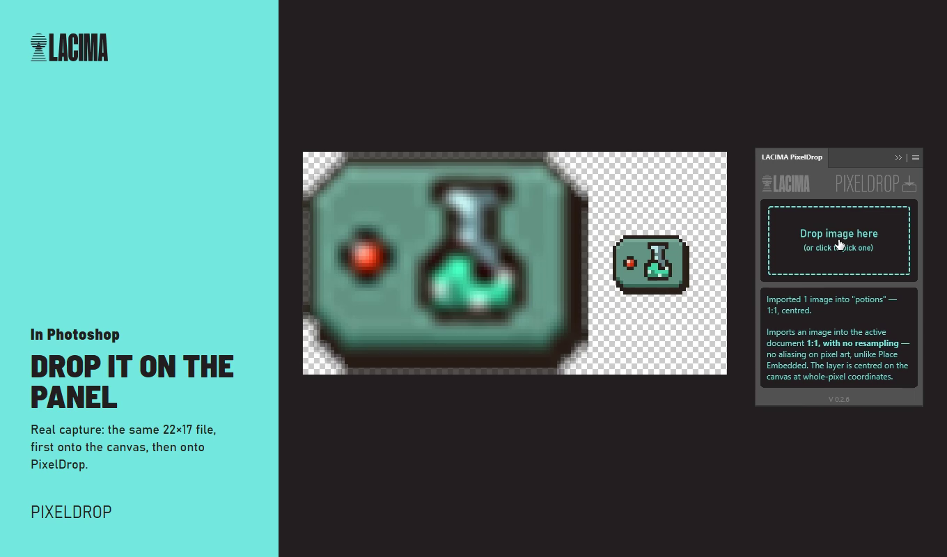 Drop a sprite on the canvas and Photoshop scales and blurs it. Drop it on PixelDrop and it lands 1:1, centred.
